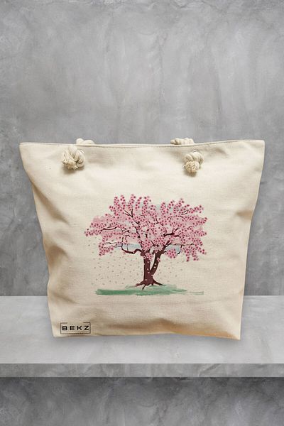 BEKZ Geanta de plaja, model Watercolor Tree, 40x51 cm, Crem, BEKZ®