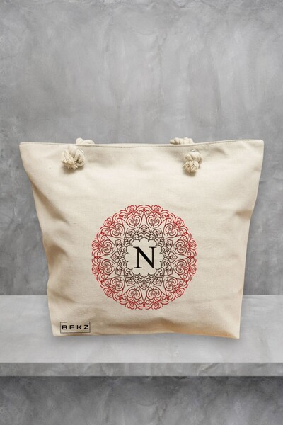 BEKZ Beach Tote Bag, With letter N and Mandala, 40x51 cm, Cream, BEKZ®
