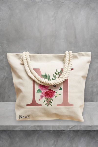 BEKZ Geanta de plaja, Cu litera M Rose Gold si Trandafiri, 40x51 cm, Crem, BEKZ®