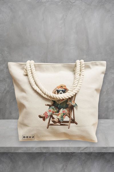 BEKZ Geanta de plaja, model Reading puppy 17, 40x51 cm, Crem, BEKZ®