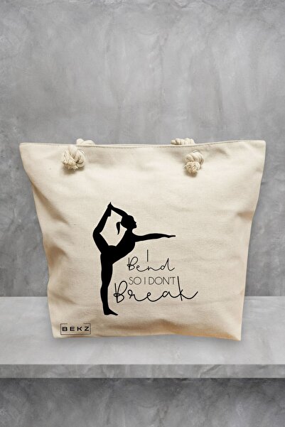 BEKZ Geanta de plaja Yoga I bend so I don't break, 40x51 cm, Crem, BEKZ®