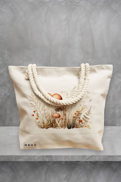 BEKZ Geanta de plaja Colorful Mushrooms 12, 40x51 cm, Crem, BEKZ®