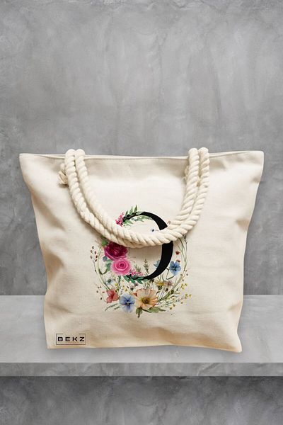 BEKZ Geanta de plaja, Cu litera O in Coronita Florala, 40x51 cm, Crem, BEKZ®
