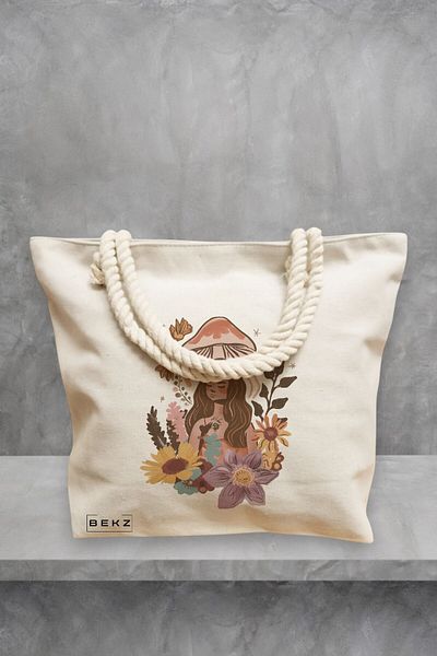 BEKZ Geanta de plaja Colorful Mushrooms 3, 40x51 cm, Crem, BEKZ®