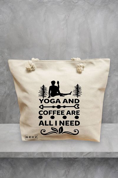 BEKZ Geanta de plaja Yoga and Coffee are all I need, 40x51 cm, Crem, BEKZ®