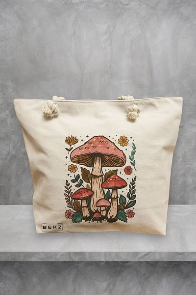 BEKZ Geanta de plaja Colorful Mushrooms 2, 40x51 cm, Crem, BEKZ®