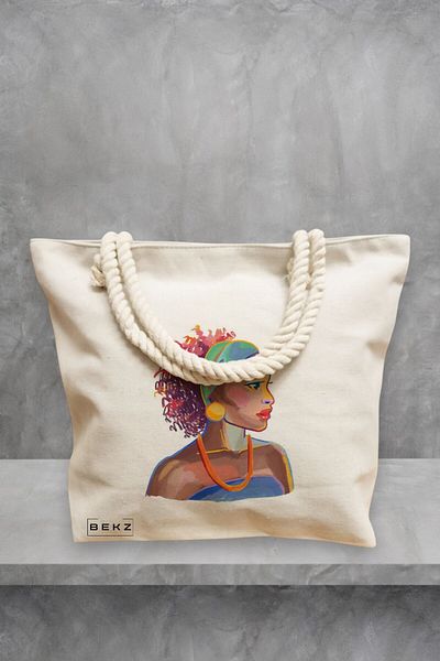 BEKZ Geanta de plaja, model Portret Vibrant 4, 40x51 cm, Crem, BEKZ®