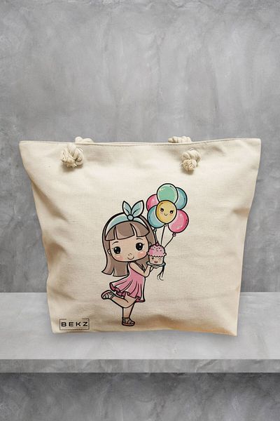 BEKZ Geanta de plaja, model Cupcake girl, 40x51 cm, Crem, BEKZ®