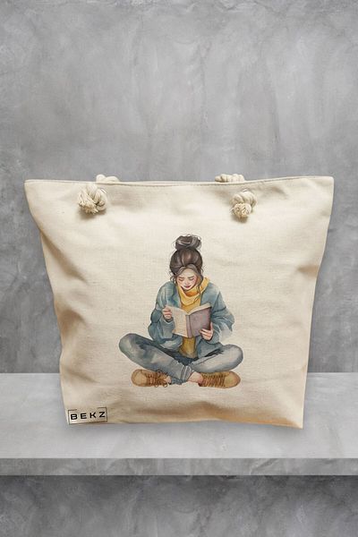 BEKZ Geanta de plaja, model The bookie girl 34, 40x51 cm, Crem, BEKZ®