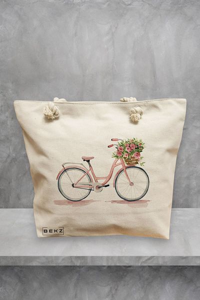 BEKZ Geanta de plaja, model Pink Bicycle, 40x51 cm, Crem, BEKZ®