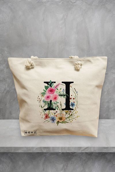 BEKZ Geanta de plaja, Cu litera H in Coronita Florala, 40x51 cm, Crem, BEKZ®