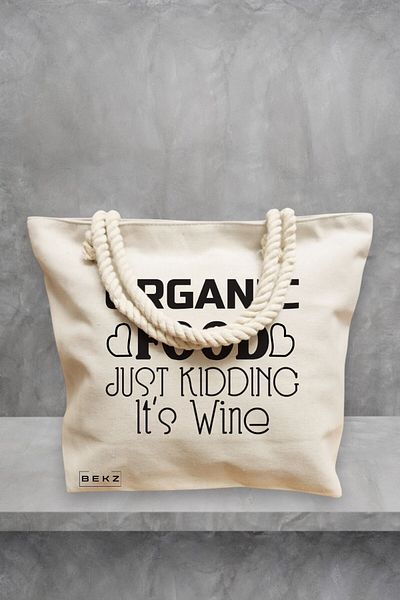 BEKZ Geanta de plaja, model food, Just kidding, it's Wine, 40x51 cm, Crem, BEKZ®