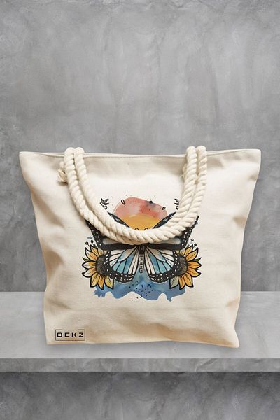 BEKZ Geanta de plaja Blue Butterfly, 40x51 cm, Crem, BEKZ®