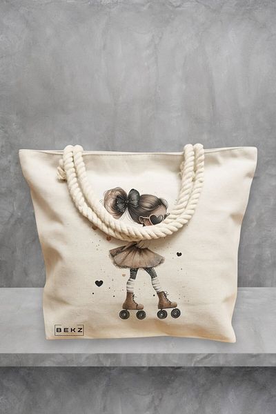 BEKZ Geanta de plaja, model The rolling girl 2, 40x51 cm, Crem, BEKZ®