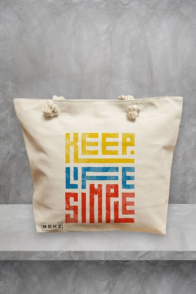 BEKZ Geanta de plaja, model Keep Life Simple, 40x51 cm, Crem, BEKZ®
