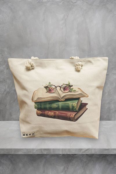 BEKZ Geanta de plaja, model Books and glasses, 40x51 cm, Crem, BEKZ®