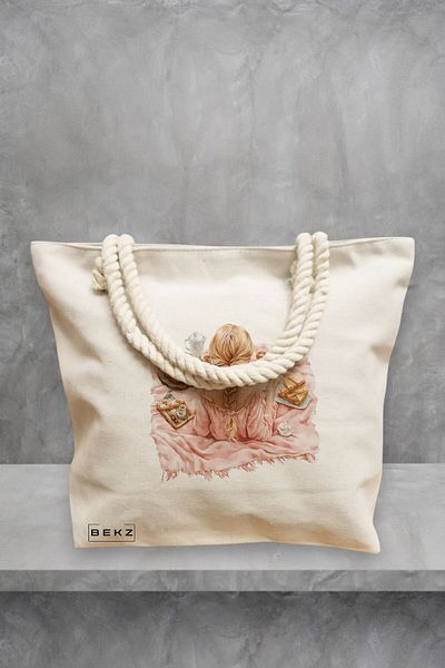 BEKZ Geanta de plaja, model The bookie girl 12, 40x51 cm, Crem, BEKZ®