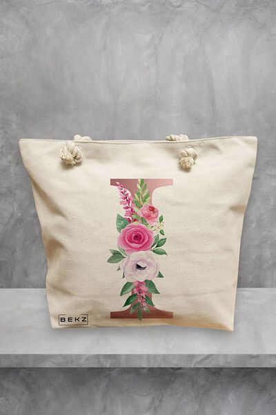 BEKZ Geanta de plaja, Cu litera I Rose Gold si Trandafiri, 40x51 cm, Crem, BEKZ®