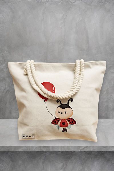 BEKZ Geanta de plaja, model Ladybug, 40x51 cm, Crem, BEKZ®
