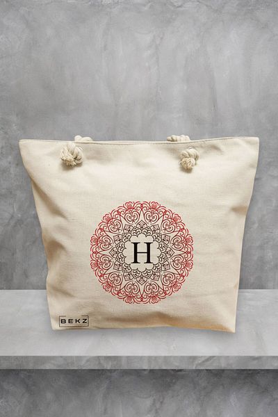 BEKZ Geanta de plaja, Cu litera H si Mandala, 40x51 cm, Crem, BEKZ®