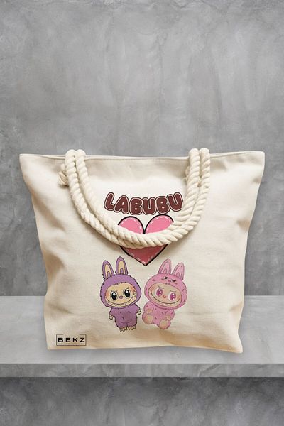 BEKZ Geanta de plaja, model Labubu 1, 40x51 cm, Crem, BEKZ®