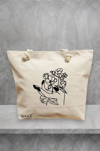 BEKZ Geanta de plaja, model Floral Hand, 40x51 cm, Crem, BEKZ®