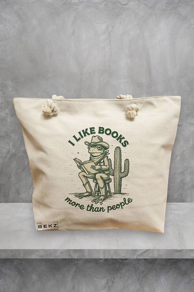 BEKZ Geanta de plaja, model I like books more than people, 40x51 cm, Crem, BEKZ®