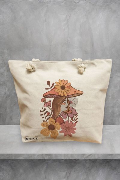 BEKZ Geanta de plaja Colorful Mushrooms 10, 40x51 cm, Crem, BEKZ®