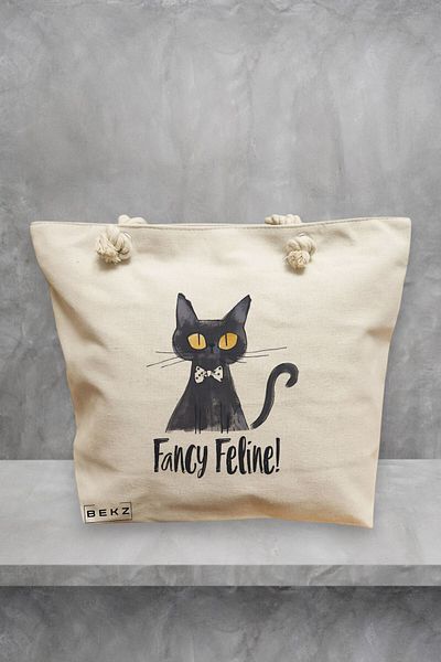 BEKZ Geanta de plaja, model Fancy Feline, 40x51 cm, Crem, BEKZ®