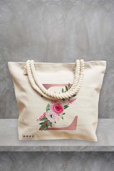 BEKZ Geanta de plaja, Cu litera Z Rose Gold si Trandafiri, 40x51 cm, Crem, BEKZ®
