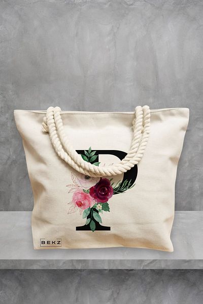 BEKZ Geanta de plaja, Cu litera P si Trandafiri, 40x51 cm, Crem, BEKZ®