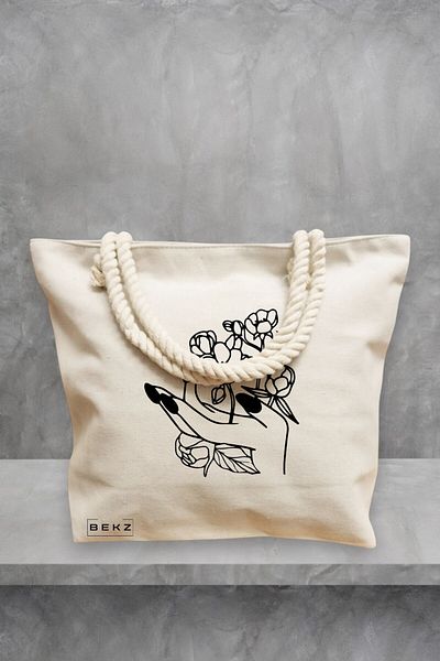 BEKZ Geanta de plaja, model Floral Hand, 40x51 cm, Crem, BEKZ®