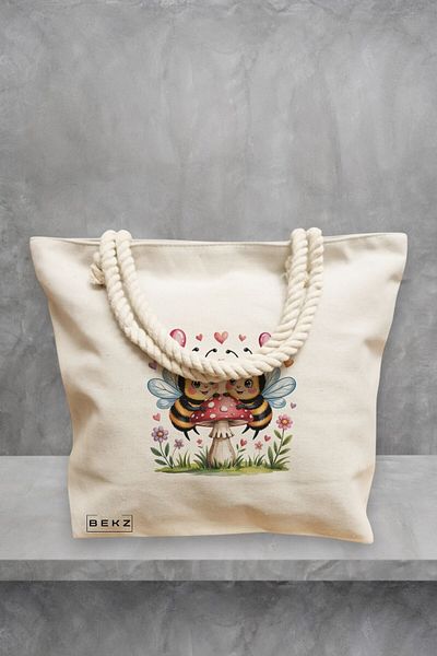 BEKZ Geanta de plaja, model Romantic Bees on Mushroom, 40x51 cm, Crem, BEKZ®