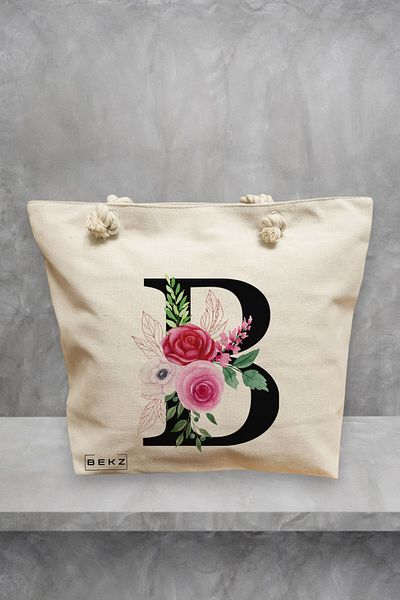 BEKZ Geanta de plaja, Cu litera B si Trandafiri, 40x51 cm, Crem, BEKZ®