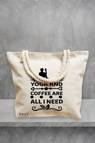 BEKZ Geanta de plaja Yoga and Coffee are all I need, 40x51 cm, Crem, BEKZ®