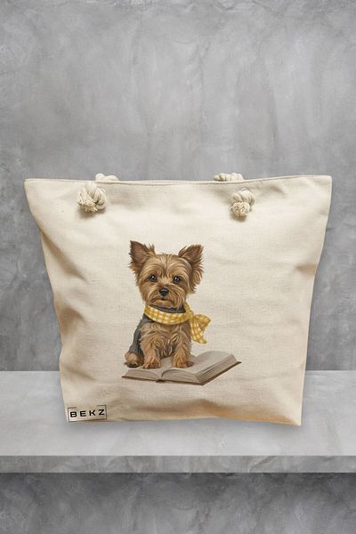 BEKZ Geanta de plaja, model Reading puppy 18, 40x51 cm, Crem, BEKZ®