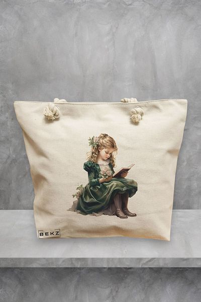BEKZ Geanta de plaja, model The bookie girl 18, 40x51 cm, Crem, BEKZ®