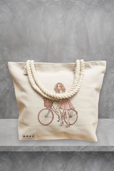BEKZ Geanta de plaja, model Rose bicycle, 40x51 cm, Crem, BEKZ®