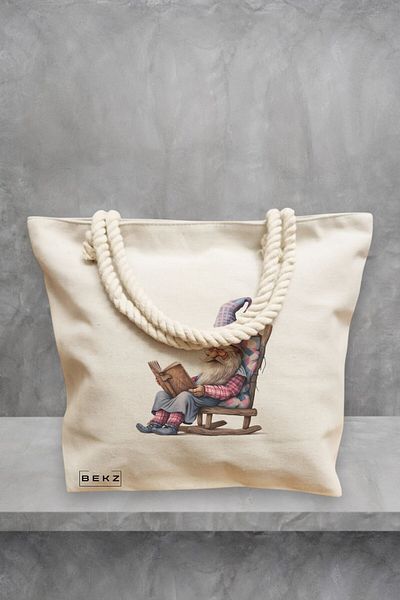 BEKZ Geanta de plaja, model The Bookish Gnome 8, 40x51 cm, Crem, BEKZ®