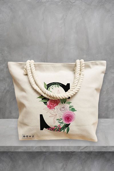 BEKZ Geanta de plaja, Cu litera S si Trandafiri, 40x51 cm, Crem, BEKZ®