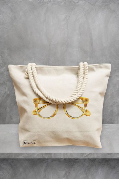 BEKZ Geanta de plaja, model Yellow Glasses, 40x51 cm, Crem, BEKZ®