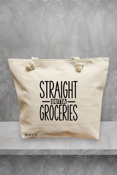 BEKZ Geanta de plaja, model Straight Outta Groceries, 40x51 cm, Crem, BEKZ®