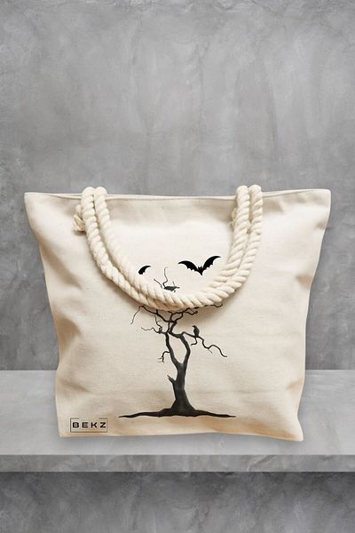BEKZ Geanta de plaja, model The Haunted Tree, 40x51 cm, Crem, BEKZ®