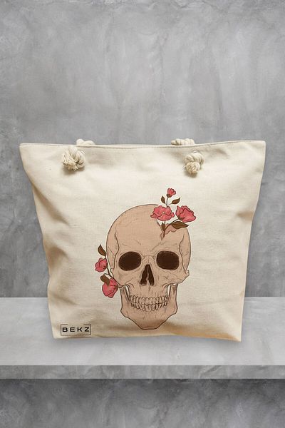 BEKZ Geanta de plaja, model Floral Skull, 40x51 cm, Crem, BEKZ®