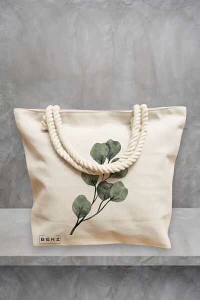 BEKZ Geanta de plaja, model Watercolor Leaves, 40x51 cm, Crem, BEKZ®