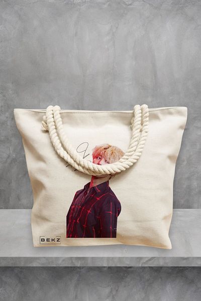 BEKZ Geanta de plaja, model BTS Jimin cu semnatura 2, 40x51 cm, Crem, BEKZ®