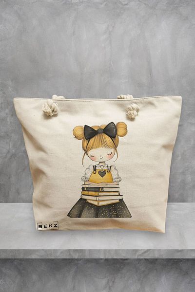 BEKZ Geanta de plaja, model The bookie girl 9, 40x51 cm, Crem, BEKZ®