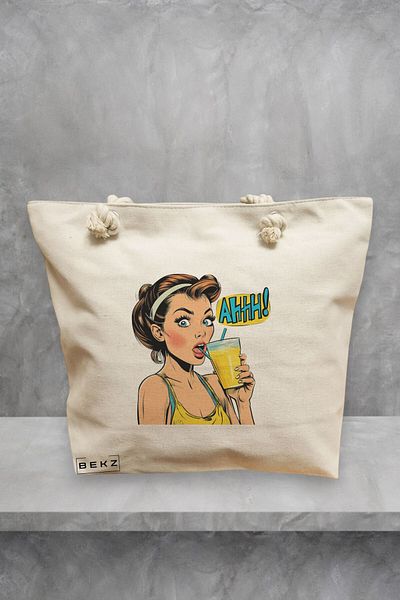 BEKZ Geanta de plaja, model Sip and Style, 40x51 cm, Crem, BEKZ®