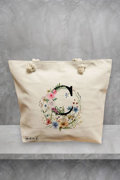 BEKZ Geanta de plaja, Cu litera C in Coronita Florala, 40x51 cm, Crem, BEKZ®