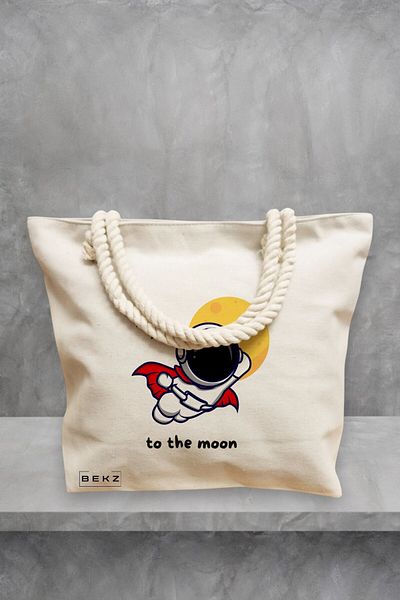 BEKZ Geanta de plaja, model To the moon, 40x51 cm, Crem, BEKZ®